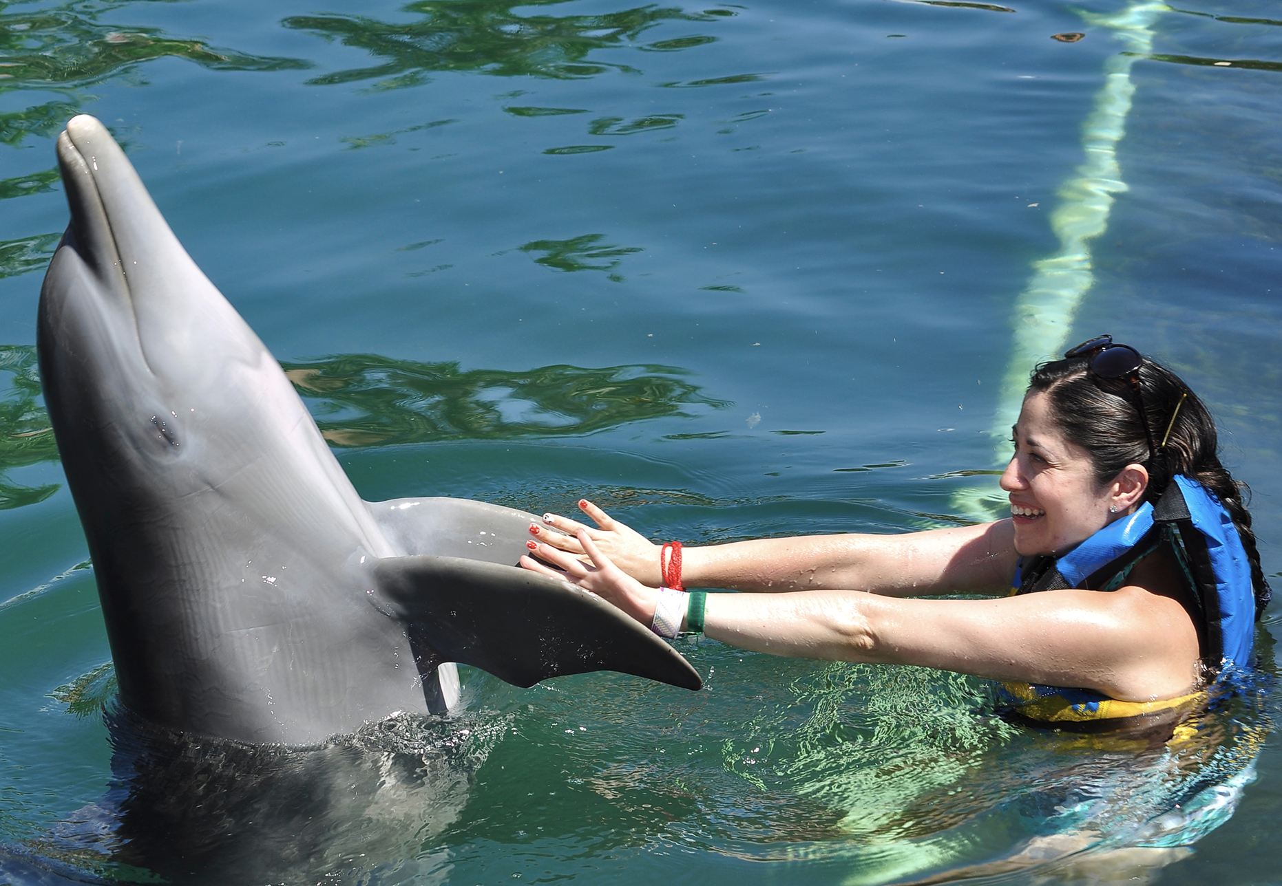 Mujer nadando con delfines