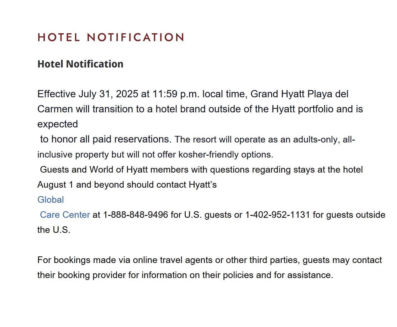 Notificación de Hyatt para invitados