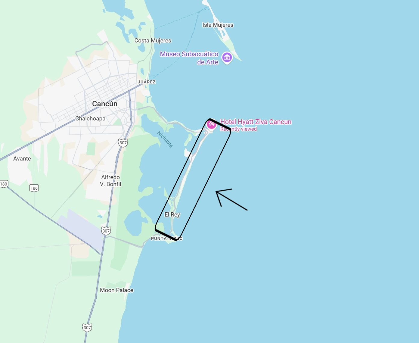 Mapa de la zona del hotel de Cancún