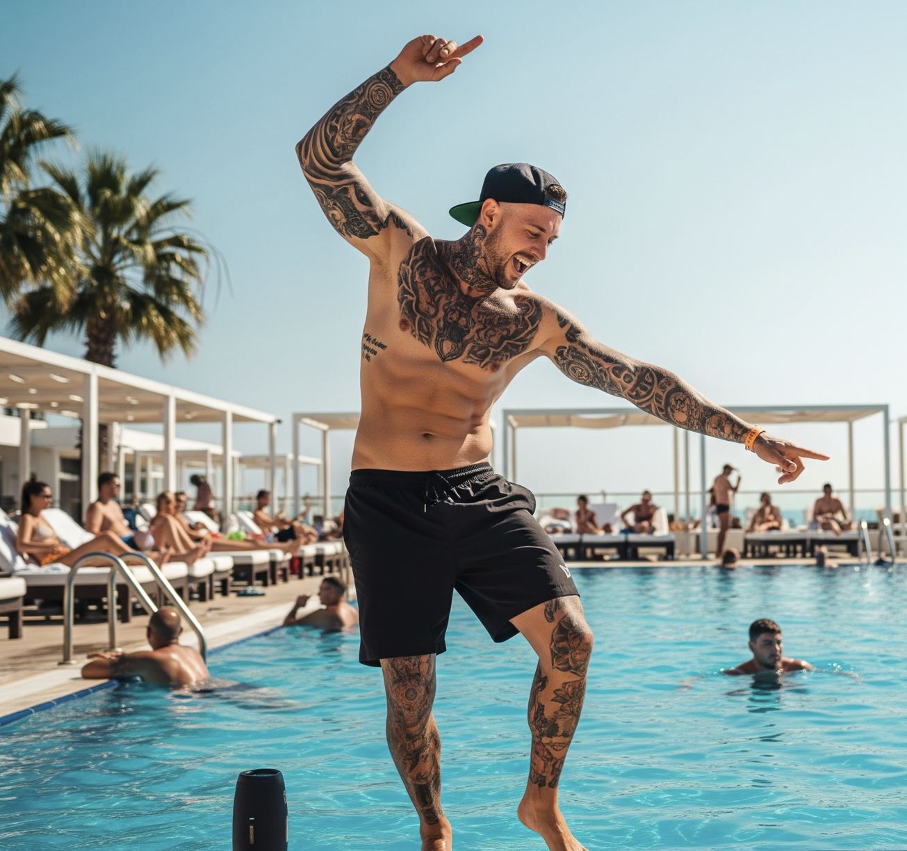 Chico con altavoz en la piscina