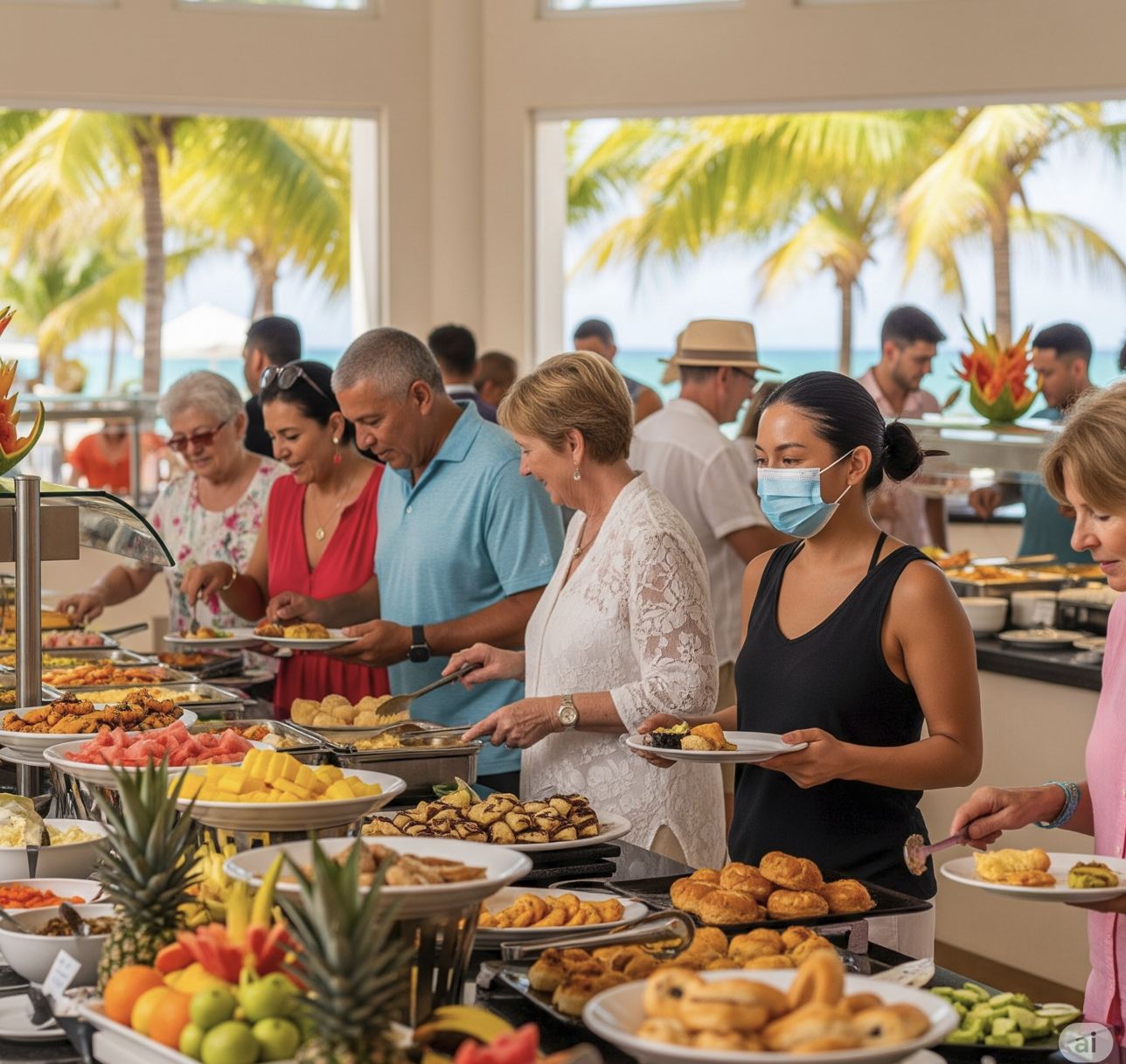 Mujer en máscara en el buffet