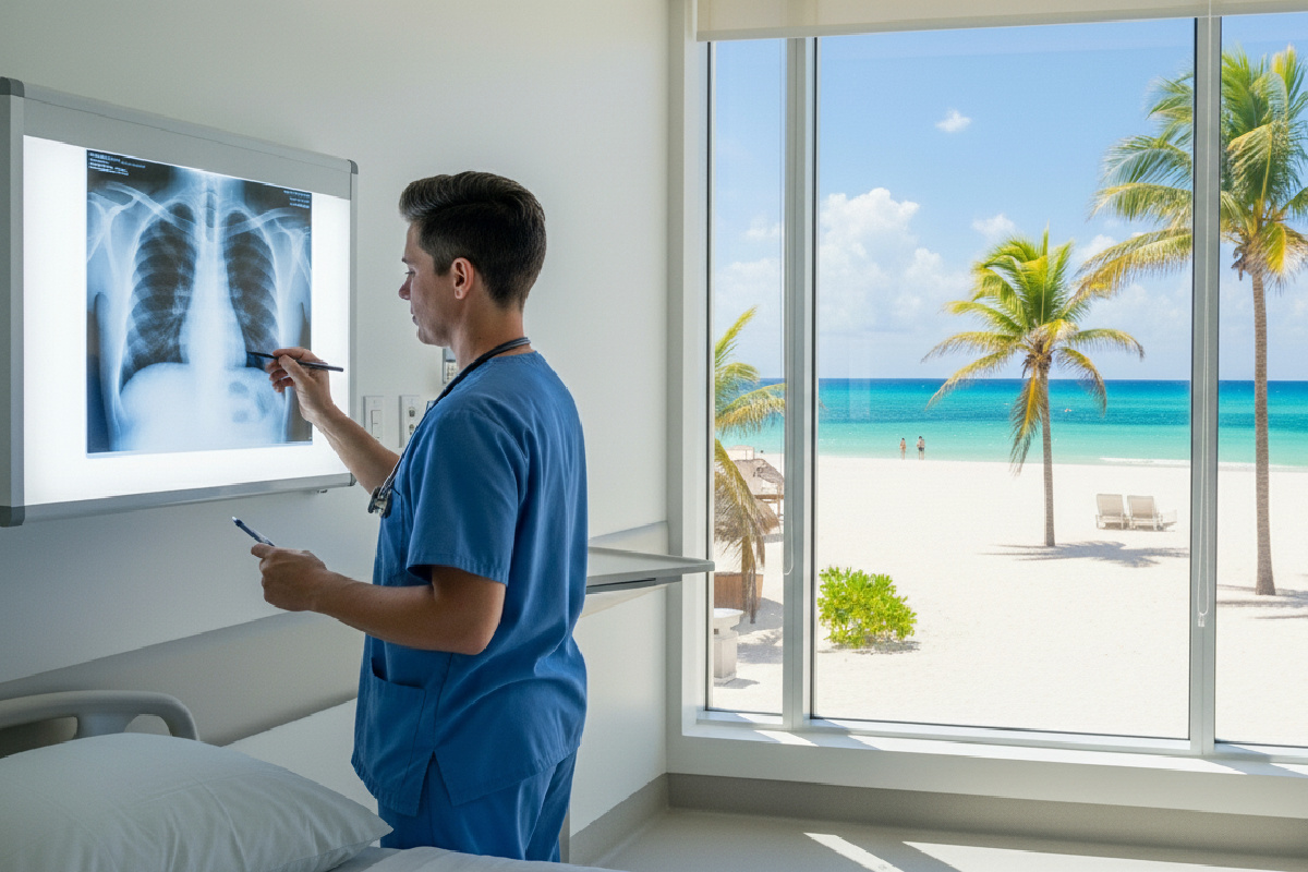 Hospital con playa al fondo.