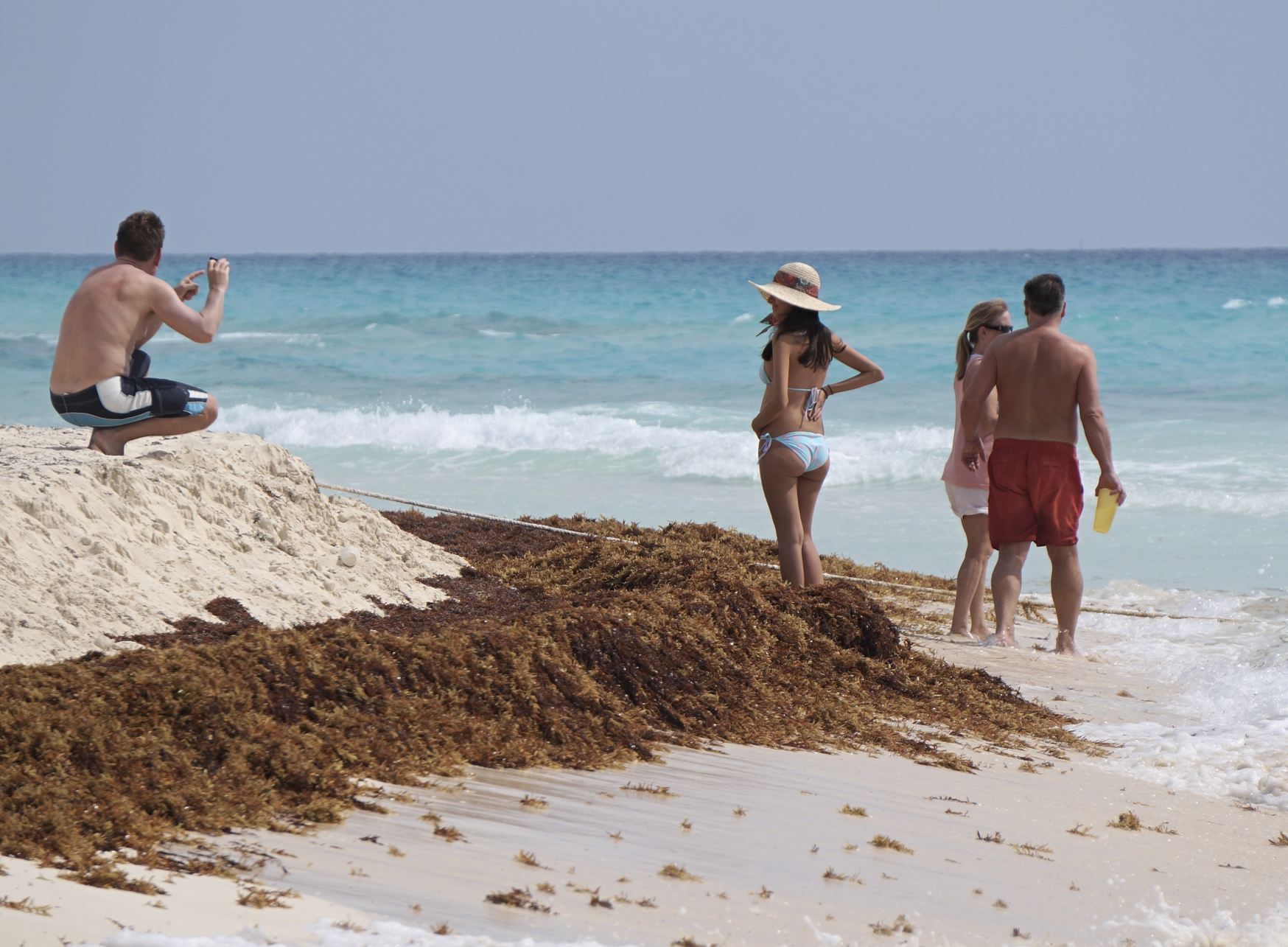 Turistas pisan sargazo en Cancún