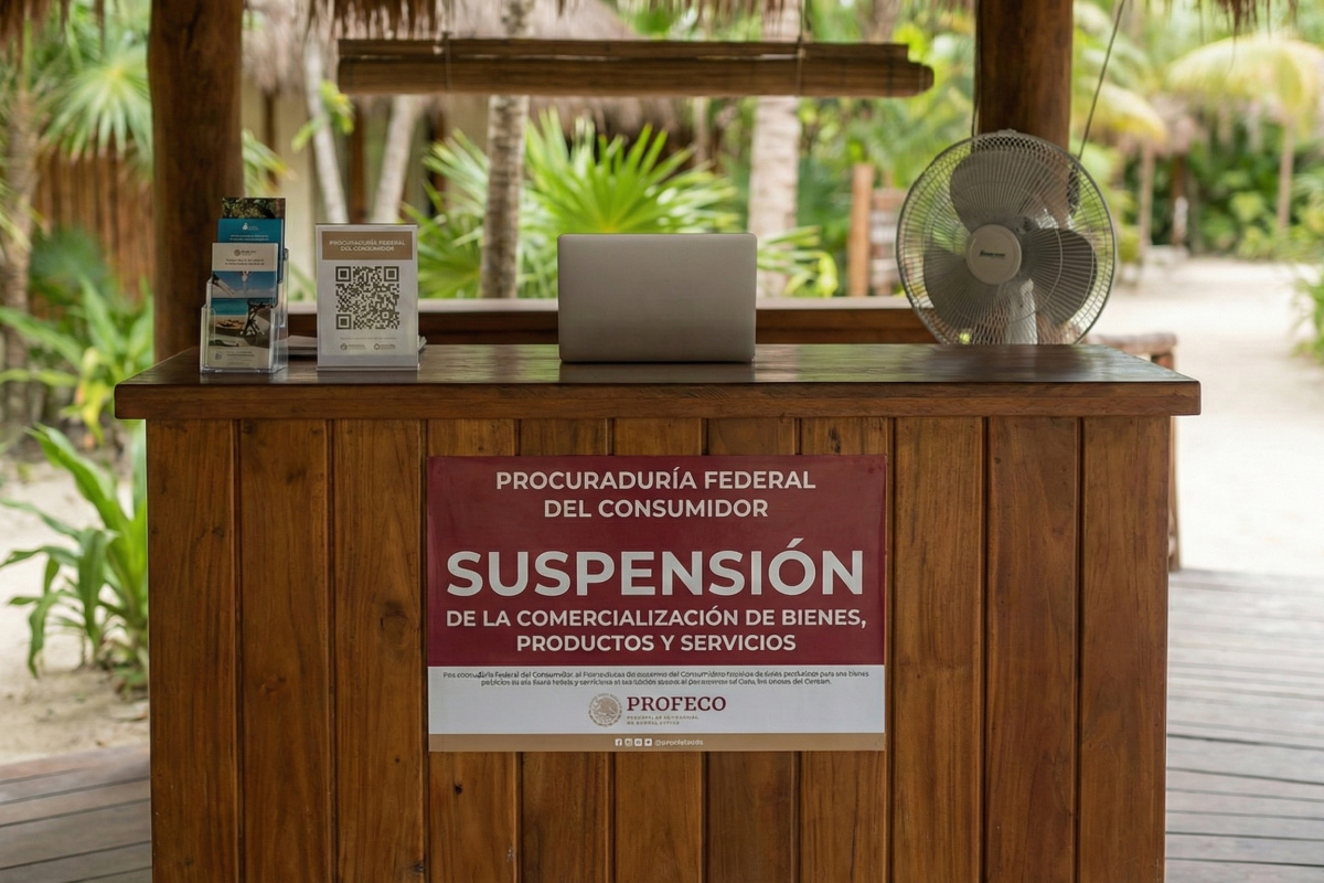 Un mostrador de recepción de madera bajo un techo de paja en un lugar tropical con un gran cartel rojo de PROFECO que indica SUSPENSIÓN respecto de la comercialización de bienes y servicios.