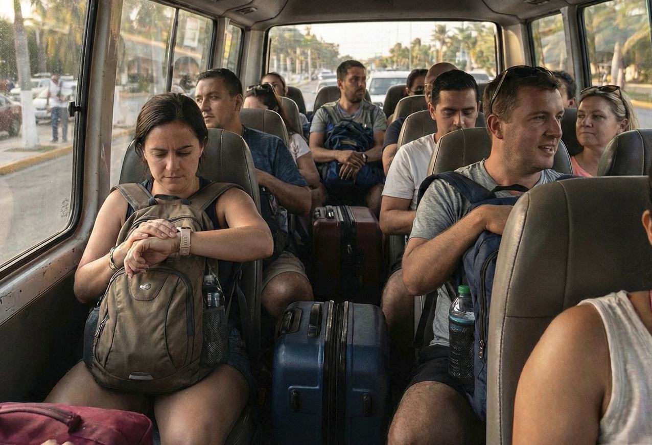 Transporte compartido con muchos turistas.