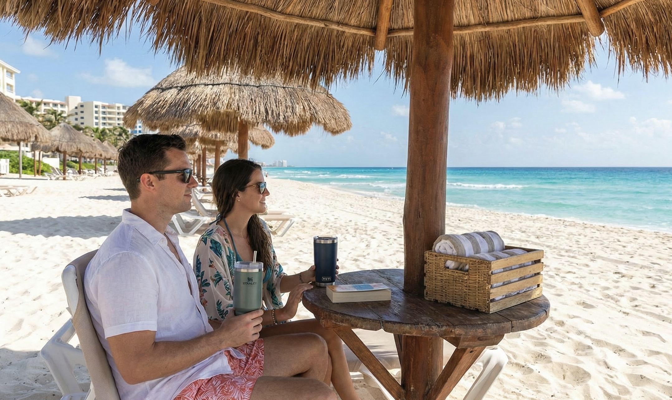 Pareja en la playa con Stanley y Yeti