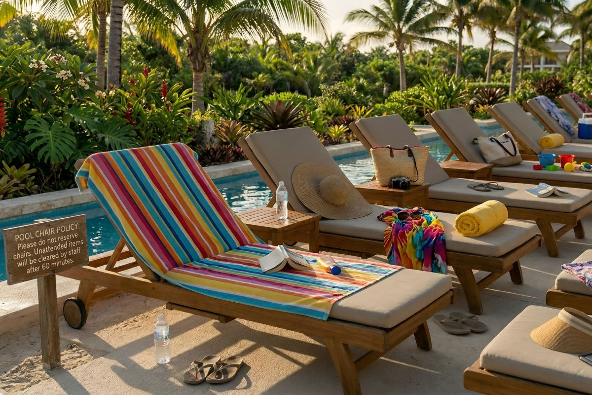 Sillas de piscina vacías en un Resort de Cancún